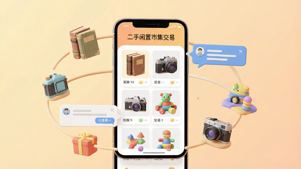 一幅展示二手闲置市集交易软件界面的三维渲染图,画面中央是一部智能手机,屏幕上清晰显示着“二手闲置市集交易”的软件名称和各类闲置商品列表,如旧书、复古相机、儿童玩具等。手机周围环绕着漂浮的二手物品图标和交易对话框,背景是柔和的暖色调渐变,光线明亮干净,整体风格现代、简洁、扁平化,画质高清,无多余元素。