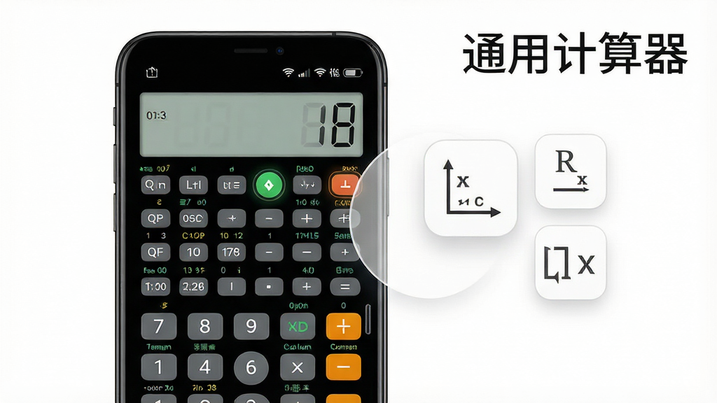 通用计算器软件界面展示,画面左侧为竖屏手机显示科学计算面板,右侧悬浮三角函数与对数图标,背景为纯白色,风格简约科技感,文字标注“通用计算器”,画质高清干净无多余元素
