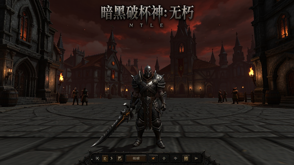暗黑破坏神:不朽游戏主界面全景展示,画面中央是暗黑风格的角色站在威斯特玛城镇广场,周围环绕着哥特式建筑与NPC,天空呈现暗红色调,画面布局为横幅构图,上方显示游戏名称“暗黑破坏神:不朽”,下方为功能按钮区域,风格为暗黑奇幻CG质感,细节包括角色盔甲纹理、地面石板纹路、远处燃烧的火把,画质高清,干净无多余元素