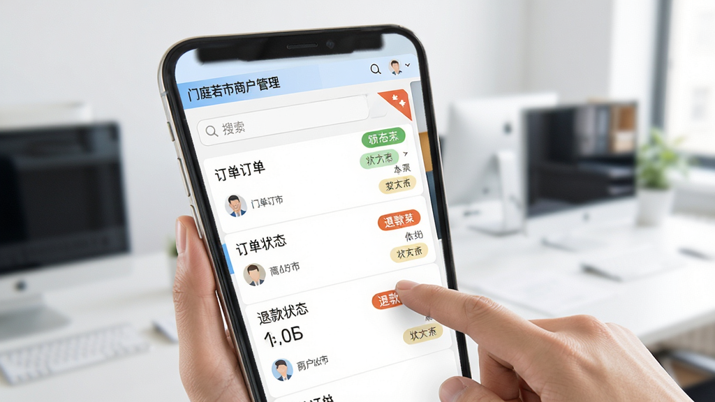 门庭若市商户版订单管理界面,手机屏幕展示订单列表与退款状态标签,画面中有手指点击操作示意,背景为简洁的商户办公环境,风格清爽实用,细节包含搜索框与状态角标,画质清晰,干净,无多余元素