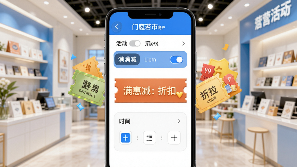 门庭若市商户版营销活动设置页面,手机屏幕显示满减与折扣选项,画面中有优惠券图形元素,背景为明亮的店铺环境,风格活泼商务,细节包含活动开关与时间选择器,画质高清,干净,无多余元素