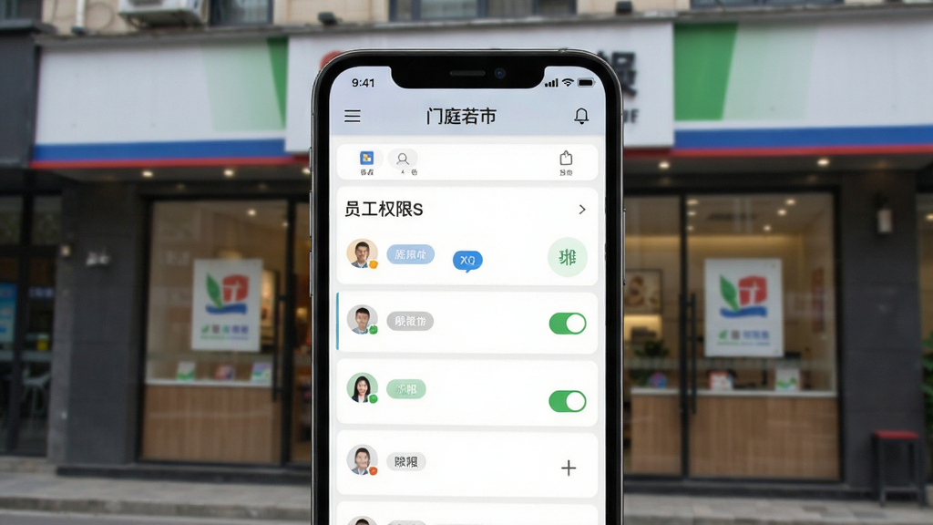 门庭若市商户版多店铺管理界面,手机屏幕展示店铺切换列表与员工权限开关,背景为连锁店门头场景,风格专业稳重,细节包含角色标签与权限图标,画质清晰,干净,无多余元素