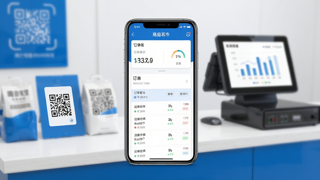 门庭若市商户版应用主界面展示,画面中央放置一部智能手机,屏幕中显示商户收款数据看板与订单列表,背景为整洁的商铺收银台环境,整体采用蓝白商务配色,布局清晰,风格简洁现代,细节包含收款码图标与数据图表,画质高清,干净,无多余元素