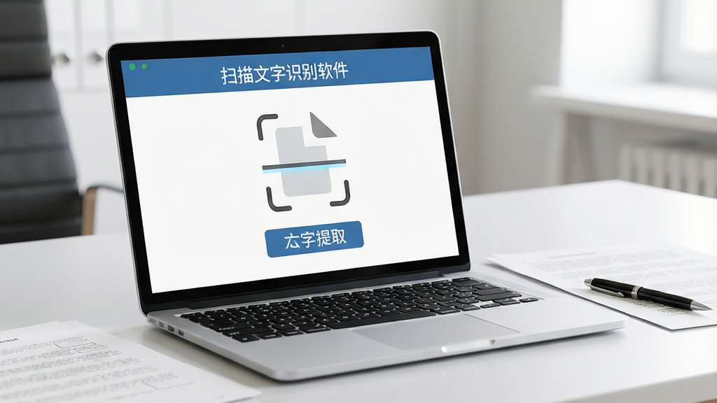 画面中央是一台打开的笔记本电脑,屏幕上显示着“扫描文字识别软件”的主界面,界面中有清晰的文档扫描图标和文字提取按钮。笔记本电脑旁边散落着几张纸质文档和一支笔。背景是整洁的办公桌面,光线明亮柔和。整体风格为写实商务风,细节丰富,画质高清,画面干净,无多余元素。