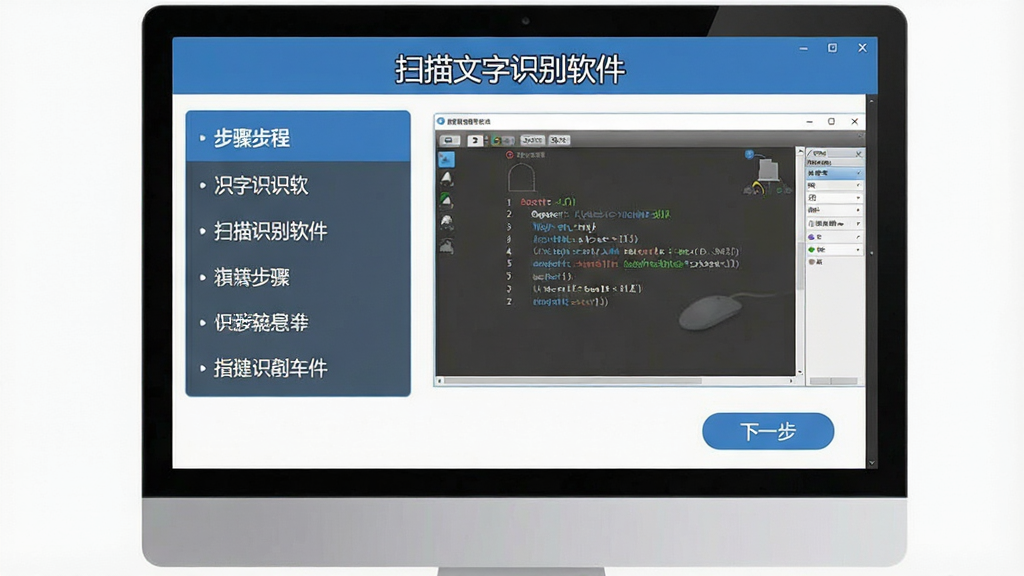 画面展示电脑屏幕上“扫描文字识别软件”的使用教程界面,左侧是步骤列表,右侧是操作演示截图,屏幕下方有“下一步”按钮。整体风格为教学指引风,画质清晰,背景干净,无多余元素。