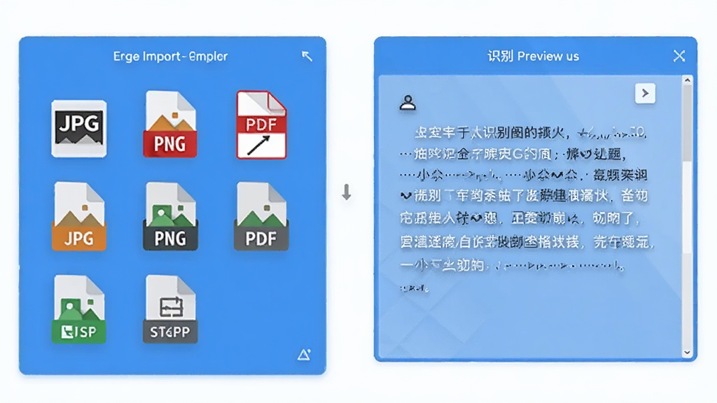 画面展示一个简洁的软件操作界面,左侧是文件导入区域,显示多种图片格式图标(JPG、PNG、PDF等),右侧是识别后的文字预览框。界面风格现代扁平化,配色以蓝白为主。背景干净,画质清晰,无多余元素。
