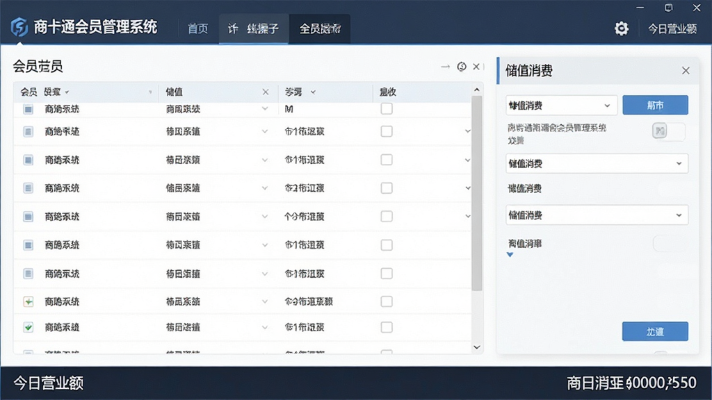 一张软件界面截图,画面中央是“商卡通会员管理系统”的主操作界面,左侧为会员列表,右侧为储值消费面板,顶部有导航菜单,底部显示今日营业额,整体布局清晰,风格简洁商务,画质干净,无多余元素