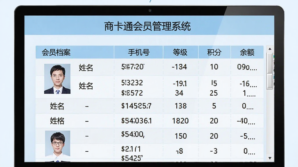一个电脑屏幕上显示“商卡通会员管理系统”的会员档案表格,左侧有头像和姓名,右侧有手机号、等级、积分、余额等列,表格清晰整齐,背景为浅蓝色,风格简洁商务,画质干净,无多余元素