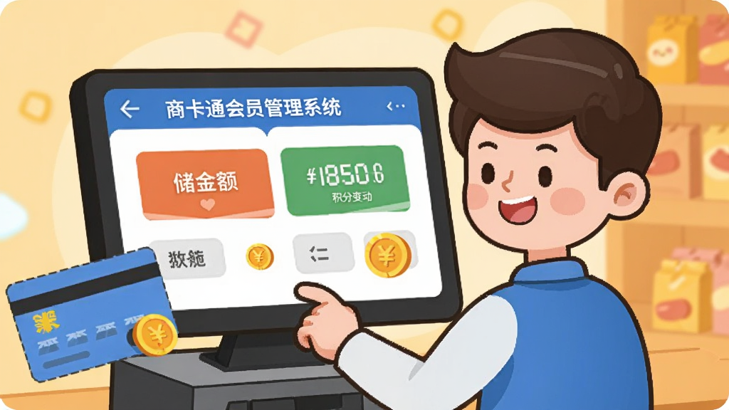 一张卡通风格的插图,画面中一位店员正在操作“商卡通会员管理系统”的收银界面,屏幕上显示储值金额和积分变动,旁边有会员卡和金币图标,背景为暖色调,风格活泼,画质干净,无多余元素