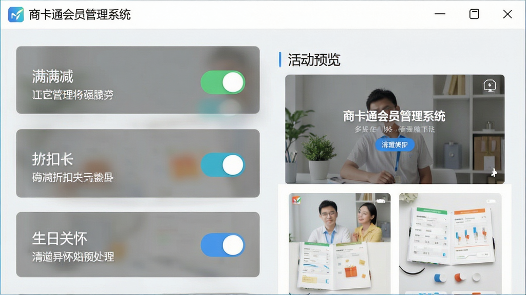 一张营销活动设置界面的截图,软件名称为“商卡通会员管理系统”,画面中有满减、折扣、生日关怀等选项开关,右侧有活动预览图,背景为浅灰色,风格清爽,画质干净,无多余元素