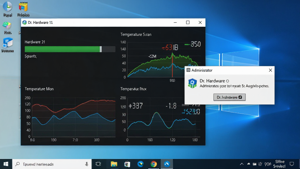 Dr. Hardware 软件运行在 Windows 11 桌面上,界面中显示着硬件扫描进度和温度监控图表,旁边有管理员权限提示弹窗,背景是整洁的电脑桌面,风格写实,细节包括任务栏图标、进度条、温度数字,画质高清,画面干净,无多余元素
