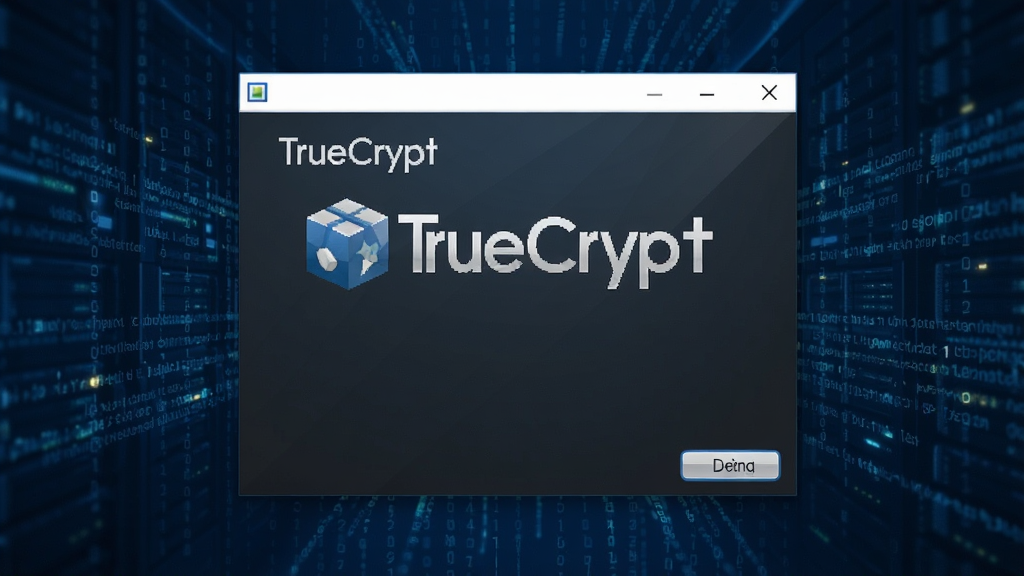 一张展示TrueCrypt软件主界面的高清截图,界面中央是软件标志性的加密卷创建向导窗口,背景是深蓝色的科技感数据流,画面中清晰显示TrueCrypt的英文名称,整体风格专业严谨,画质清晰锐利,布局居中,干净无多余元素