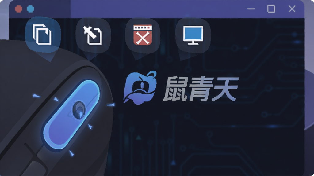 AI生图,画面展示一只鼠标的侧键被高亮标注,旁边浮现出多个功能图标如复制、粘贴、关闭窗口、显示桌面等,背景为深色科技感界面,中央有“鼠青天”软件Logo,风格为扁平化科技风,色调以蓝紫为主,细节上突出按键映射的直观性,画质高清,画面干净,无多余元素