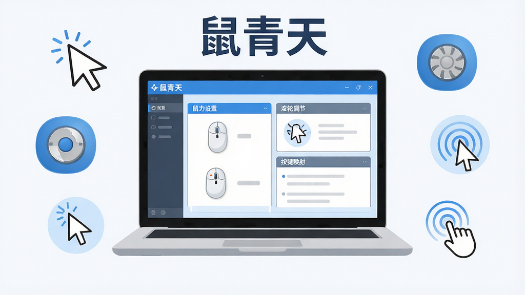 软件全貌展示图,画面中央放置一台打开的笔记本电脑,屏幕上显示“鼠青天”软件主界面,界面中包含鼠标手势设置、滚轮调节、按键映射等功能模块,周围环绕鼠标指针、滚轮、点击波纹等图标元素,整体布局简洁清晰,风格为现代科技感扁平化设计,色调以蓝白灰为主,细节上突出软件名称“鼠青天”字样,画质高清,画面干净,无多余元素