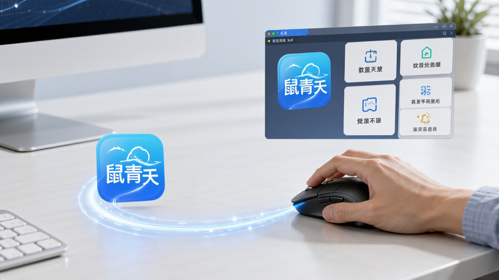 AI生图,画面展示一只右手握住鼠标在桌面上划出弧形轨迹,轨迹末端浮现出“鼠青天”软件图标和多个功能选项面板,背景为简洁的办公桌面,风格为写实科技风,色调明亮,细节上突出鼠标手势轨迹的流畅感与软件名称“鼠青天”,画质清晰,画面干净,无多余元素