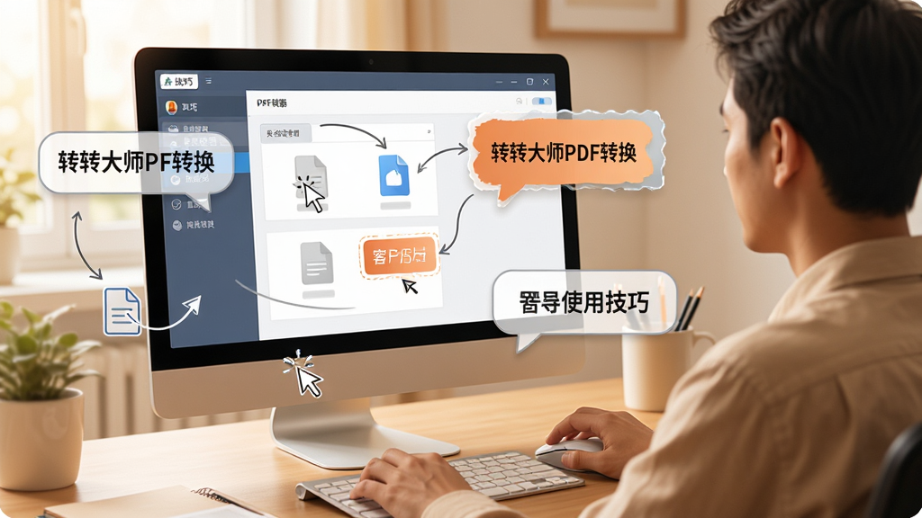 转转大师PDF转换器使用技巧示意图,主体为电脑屏幕前用户操作软件的双手与清晰的功能提示气泡,布局为人物侧后方视角加界面标注,排版自然,风格为温馨办公场景,细节包含鼠标点击、文件拖拽、提示文字框,画面干净,画质高清,无多余元素