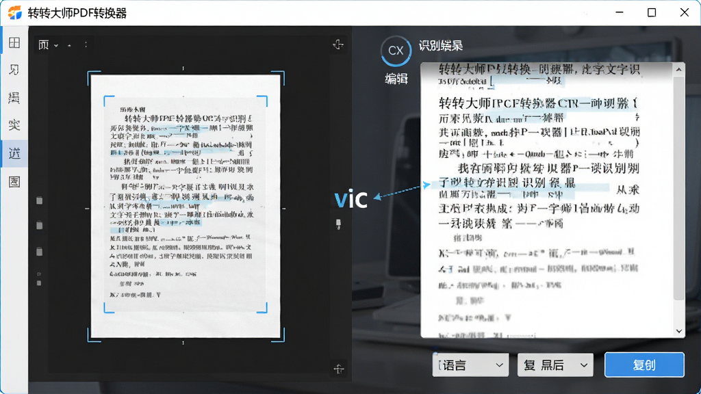 转转大师PDF转换器OCR文字识别功能展示,主体为软件界面中扫描件图片被识别为可编辑文字的对比效果,布局为左侧原图、右侧识别结果文本框,排版左右对照,风格为科技办公风,细节包含识别进度、语言选择、复制按钮,画面干净,画质高清,无多余元素