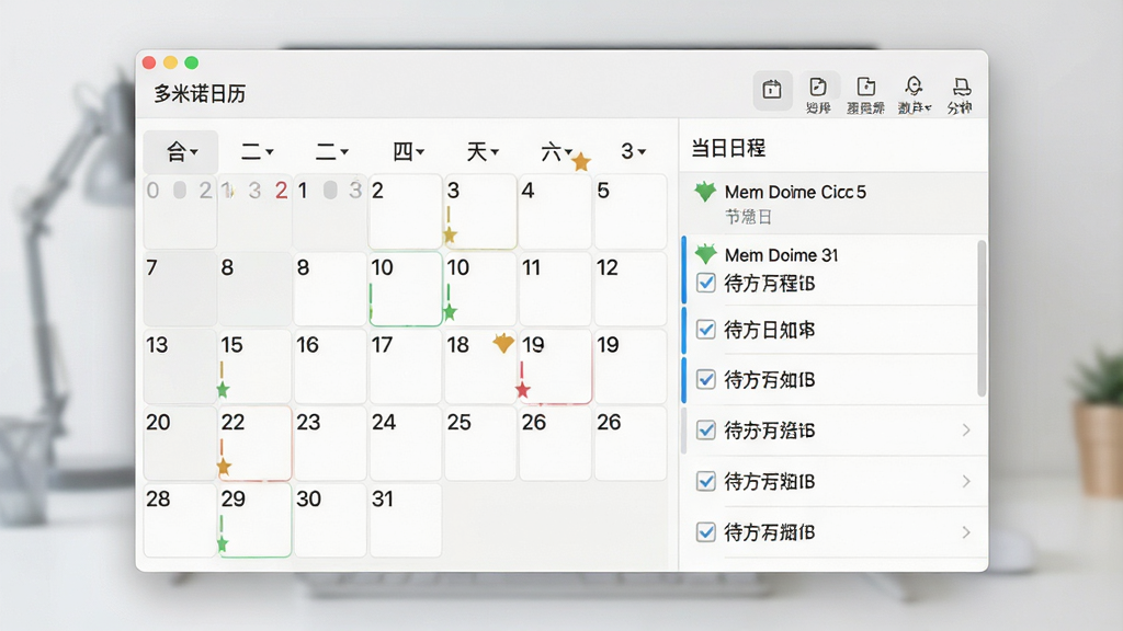 软件主界面全景展示,主体为多米诺日历窗口居中放置,布局上左侧为月历网格,右侧为当日日程列表,排版清晰分区明确,风格采用现代简约浅色商务风,细节包括日期数字、节日标记小图标、待办勾选框、顶部工具栏按钮,画质高清干净无多余元素,画面中文字显示“多米诺日历”