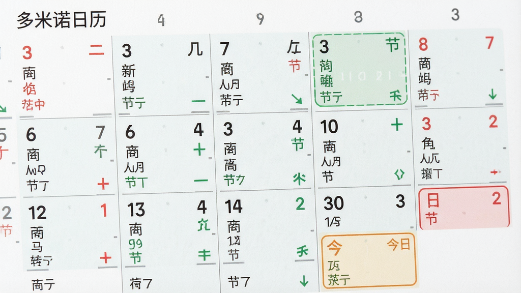 日历月视图特写,主体为多米诺日历的月份网格,布局上每个日期格子内显示公历数字、农历小字和节日标记,排版整齐均匀,风格为清新浅色扁平化,细节包括红色节日标注、绿色节气标记、今日高亮边框,画质高清干净无多余元素,画面中文字显示“多米诺日历”