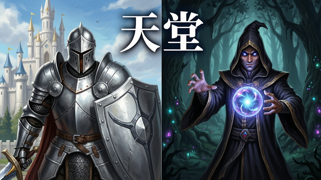 画面展示一个分屏对比布局,左侧是身穿银色铠甲的骑士手持盾牌,右侧是身披黑色长袍的法师凝聚魔法球。背景左侧为神圣的白色城堡,右侧为幽暗的魔法森林。风格为游戏角色原画,注重职业特征对比。细节上突出骑士的坚毅与法师的神秘。画质清晰,无杂乱元素。画面中央上方用发光字体写着“天堂”,字体风格为哥特式奇幻风。