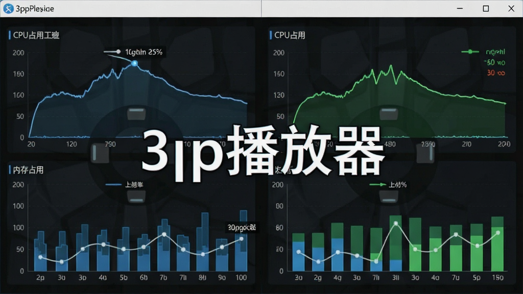 一张展示3gp播放器低资源占用的概念图,主体为软件运行时的性能监控图表,布局采用左右对比排版,风格为数据可视化风格,细节包括CPU占用率曲线、内存占用柱状图,画面中打上文字“3gp播放器”,画质清晰,干净,无多余元素