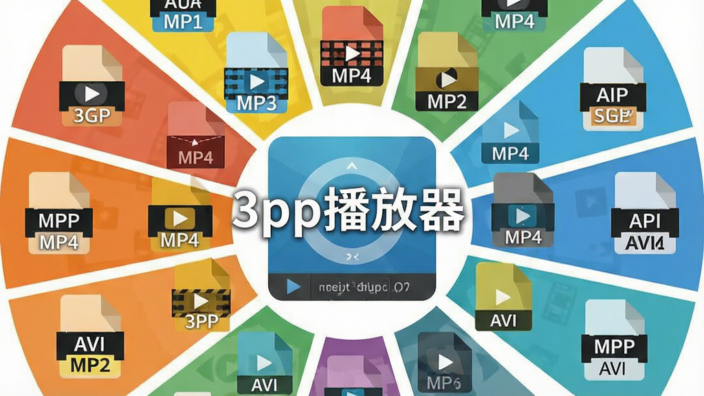 一张展示3gp播放器兼容多种格式的示意图,主体为多个视频文件图标围绕软件图标,布局采用环形扩散排版,风格为扁平化设计,细节包括3GP、MP4、AVI等格式标识,画面中打上文字“3gp播放器”,画质清晰,干净,无多余元素