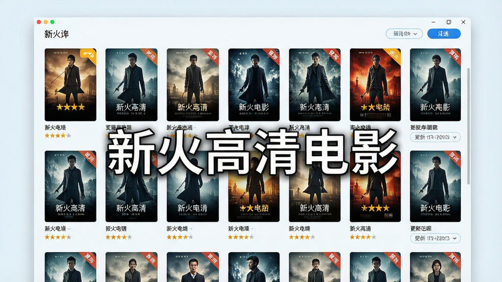 一张展示新火高清电影海量影视资源库的图片,主体为软件界面中的分类海报墙,布局为多行多列网格排版,风格为明亮清新的浅色UI,细节包括电影海报、评分标签、更新日期角标和筛选按钮,画面中带有“新火高清电影”文字标识,画质清晰,干净,无多余元素