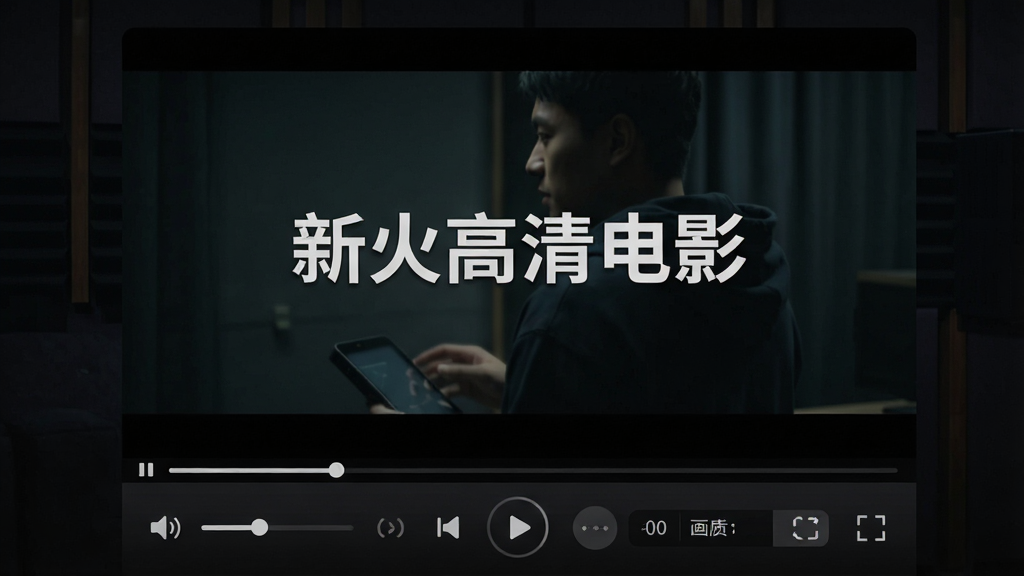一张展示新火高清电影播放器界面的图片,主体为视频播放窗口与控制栏,布局为中央视频画面加底部控制条,风格为暗色沉浸式影院风格,细节包括进度条、音量调节、倍速按钮、画质切换选项和全屏图标,画面中带有“新火高清电影”文字标识,画质清晰,干净,无多余元素