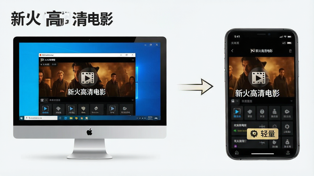 一张展示新火高清电影多端适配与轻量运行的图片,主体为电脑与手机并排展示同一软件界面,布局为左右对比排版,风格为简洁商务风,细节包括Windows窗口和移动端竖屏界面、同步图标和轻量标签,画面中带有“新火高清电影”文字标识,画质清晰,干净,无多余元素