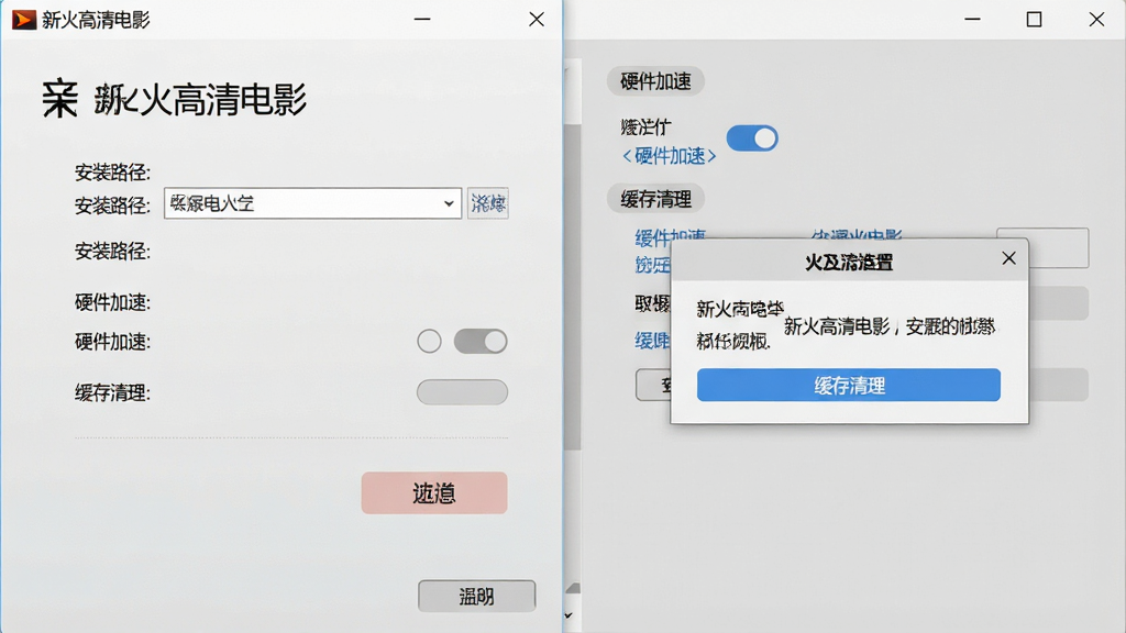 一张展示新火高清电影安装与设置界面的图片,主体为软件安装向导和设置面板,布局为左右分栏排版,风格为简洁浅灰质感,细节包括安装路径选择、硬件加速开关、缓存清理按钮和权限提示弹窗,画面中带有“新火高清电影”文字标识,画质清晰,干净,无多余元素