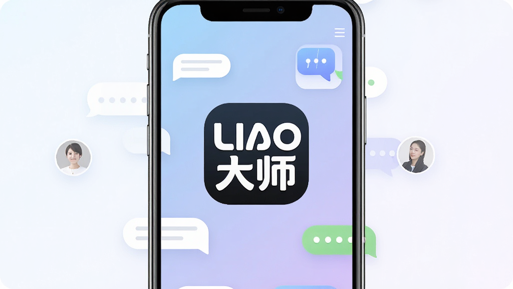一张手机屏幕展示LIAO大师应用主界面,界面中央有醒目的LIAO大师Logo,背景为柔和的蓝紫色渐变,周围环绕着聊天气泡和用户头像图标,整体风格清新现代,构图居中,排版简洁,细节清晰,画质干净,无多余元素