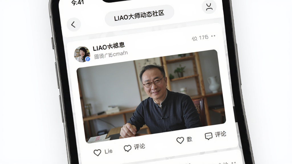 手机屏幕展示LIAO大师动态社区页面,信息流中包含图文动态卡片,有点赞和评论图标,背景为白色,画面风格清新浅色,排版整齐,细节丰富,画质干净,无多余元素