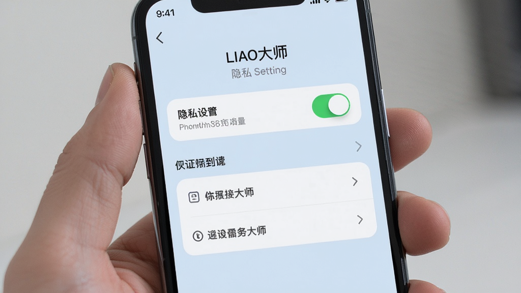 手机屏幕显示LIAO大师隐私设置页面,包含开关按钮和权限选项,背景为淡蓝色,画面风格商务简约,布局规整,细节清晰,画质干净,无多余元素