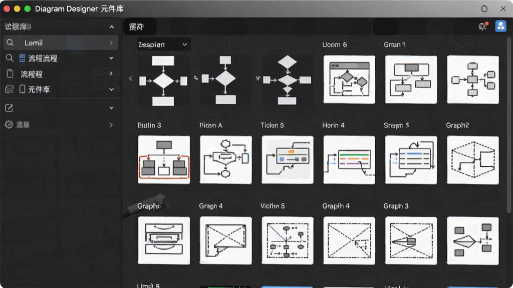 Diagram Designer 元件库面板展示,多种流程图和UML图形分类排列,界面清晰,风格简约,画质干净,无多余元素