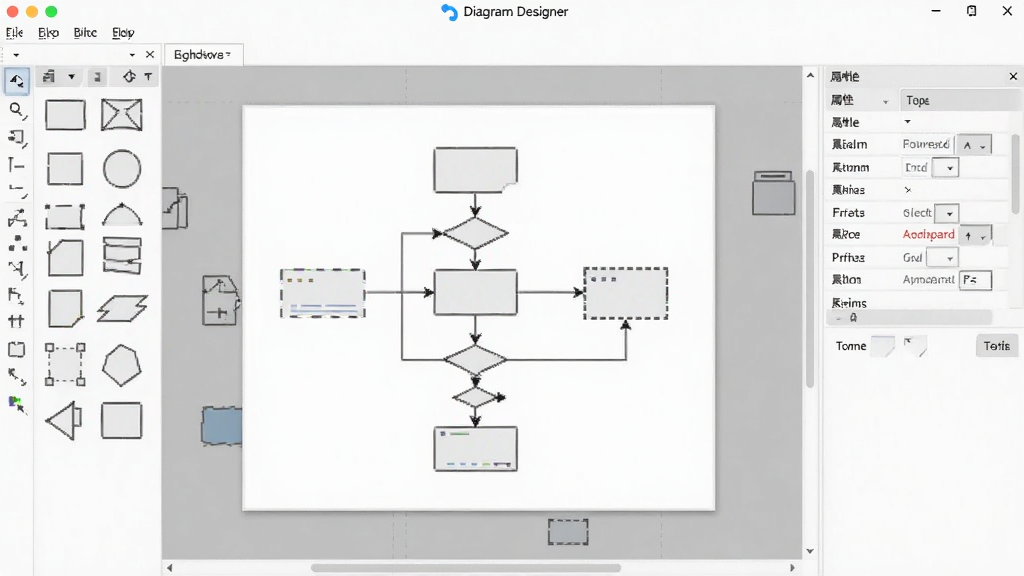 Diagram Designer 软件主界面,中央绘图区展示流程图,左侧工具栏排列图形元件,右侧属性面板,整体布局整洁,风格简洁,画质清晰,干净,无多余元素