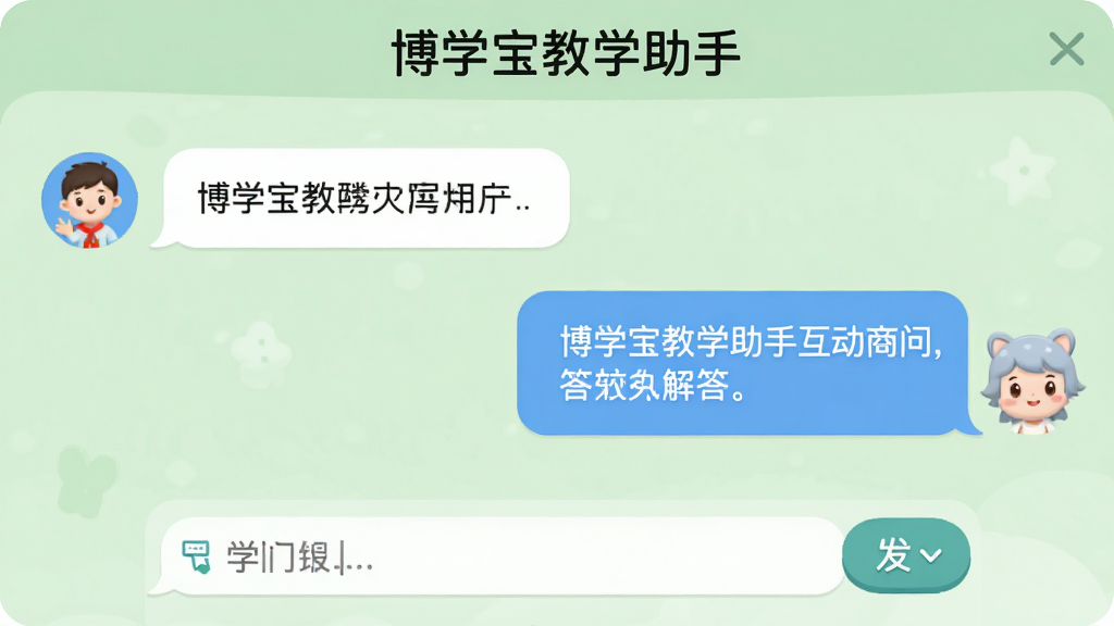 博学宝教学助手互动问答界面,画面展示聊天式问答窗口,左侧为用户提问气泡,右侧为系统解答气泡,顶部标注“博学宝教学助手”文字,背景为柔和浅绿色,风格友好亲切,细节包括输入框与发送按钮,画质干净清晰,无多余元素