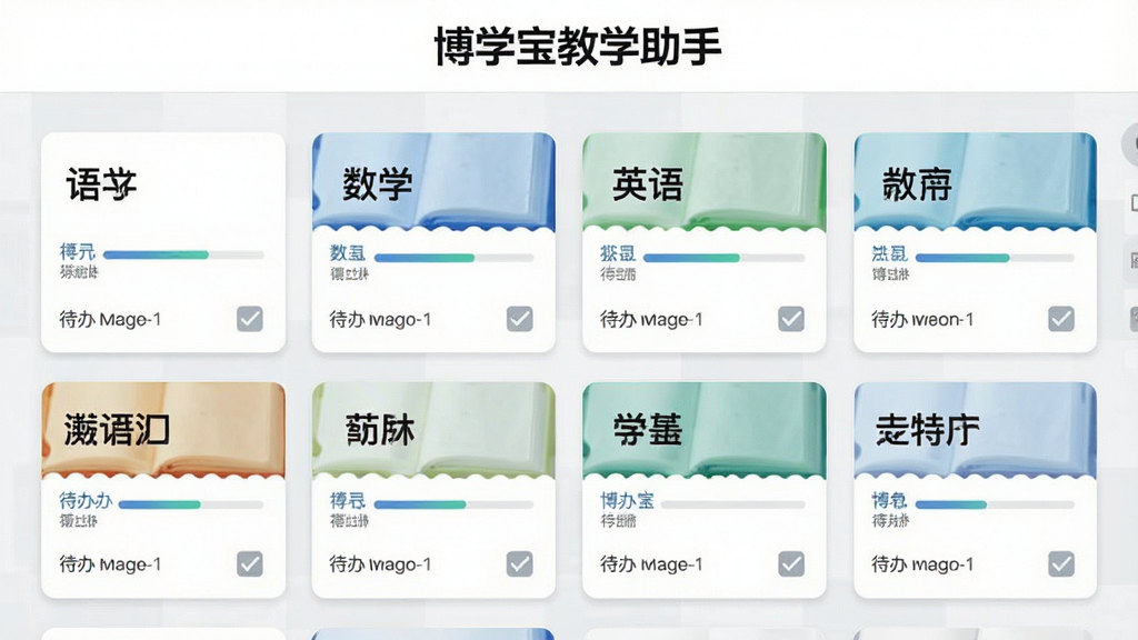 博学宝教学助手课程资源管理界面,画面中展示多张课程卡片整齐排列,卡片上标注语文、数学、英语等学科名称,顶部有“博学宝教学助手”文字标识,背景为白色与浅灰色搭配,风格简约商务,细节包括进度条与待办勾选图标,画质干净清晰,无多余元素