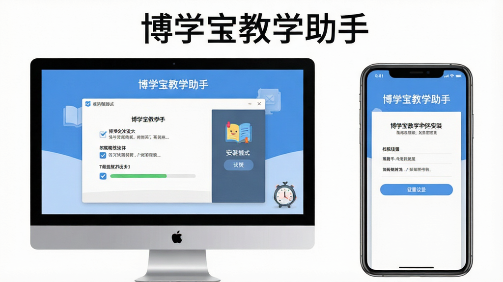 博学宝教学助手安装与设置操作示意图,画面展示电脑屏幕与手机屏幕并排,屏幕上显示安装向导与权限设置界面,顶部标注“博学宝教学助手”文字,风格简洁明了,细节包括勾选按钮与进度条,画质清晰干净,无多余元素