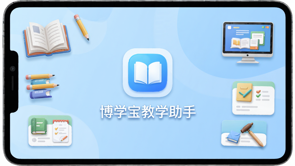 博学宝教学助手软件主界面全貌,画面中央展示软件图标与名称“博学宝教学助手”,背景为浅蓝色渐变,四周环绕教学相关元素如书本、铅笔、电子屏幕与课程卡片,布局简洁对称,风格清新现代,细节包括柔和阴影与圆角图标,画质清晰干净,无多余元素