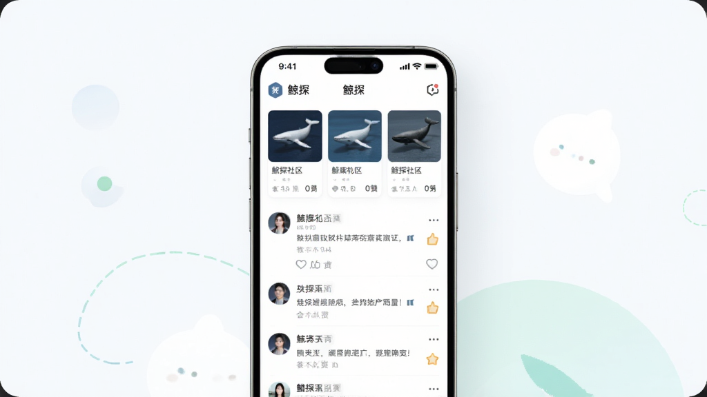 一张展示鲸探社区互动页面的预览图,画面中央是手机屏幕,屏幕内显示用户留言和点赞列表,上方有藏品缩略图,界面配色清新,背景干净,风格现代,包含“鲸探”字样。