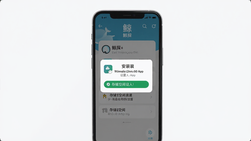 一张展示鲸探App在手机上的安装与权限设置界面的预览图,画面中央是手机屏幕,屏幕内显示安装权限弹窗和存储空间提示,界面简洁,背景干净,包含“鲸探”字样。