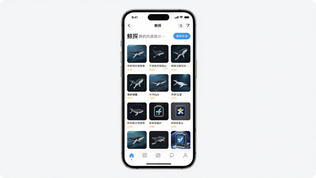 一张展示鲸探“我的藏品”页面的预览图,画面中央是手机屏幕,屏幕内以网格形式排列多件数字藏品缩略图,顶部有筛选按钮,底部有导航栏,界面清晰,背景干净,风格简约,包含“鲸探”字样。