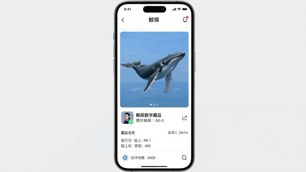 一张展示鲸探数字藏品详情页的预览图,画面中央是手机屏幕,屏幕内展示一件数字藏品的高清图片,下方有藏品名称、发行方、链上编号等信息,界面风格优雅,背景为浅灰色,画面干净,文字清晰,包含“鲸探”字样。
