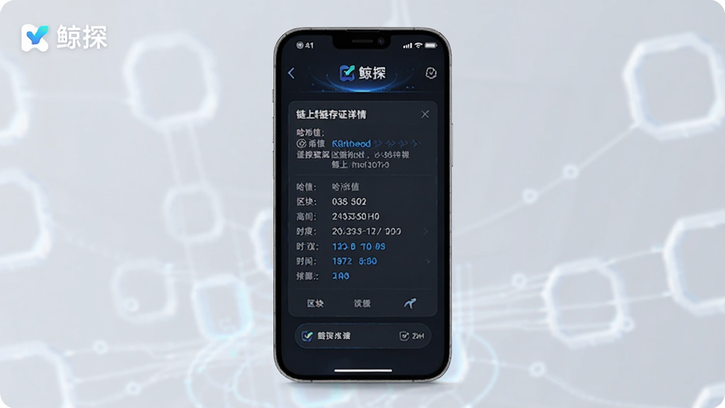 一张展示鲸探区块链存证信息的预览图,画面中央是手机屏幕,屏幕内显示链上存证详情,包括哈希值、区块高度、时间戳等,界面以深色为主,科技感强,背景干净,文字清晰,包含“鲸探”字样。