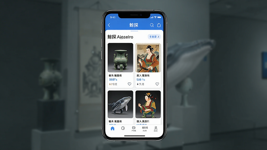 一张展示鲸探App核心界面的预览图,画面中央是手机屏幕,屏幕内显示鲸探数字藏品展示页面,包含多款数字藏品卡片,卡片上有文物、艺术画作等图案,界面配色以蓝色和白色为主,风格简洁现代,背景干净无多余元素,画质清晰,文字清晰可见“鲸探”字样。