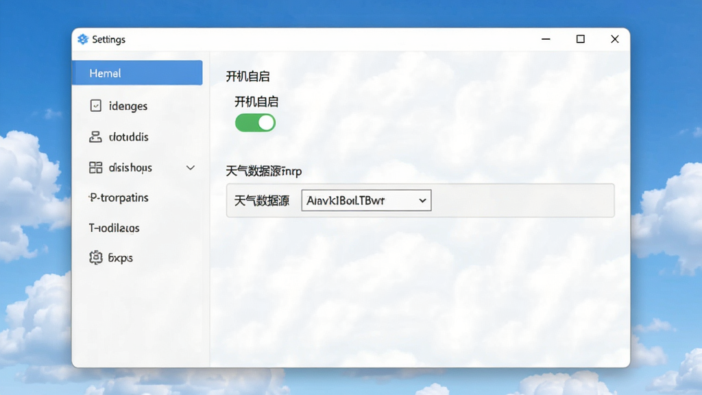 蓝天白云LTBY电脑端设置界面操作演示,画面主体为软件设置窗口,布局为左侧导航右侧内容,排版清晰,风格简约商务,细节包括开机自启开关和天气数据源下拉菜单,画质清晰,画面干净,无多余元素