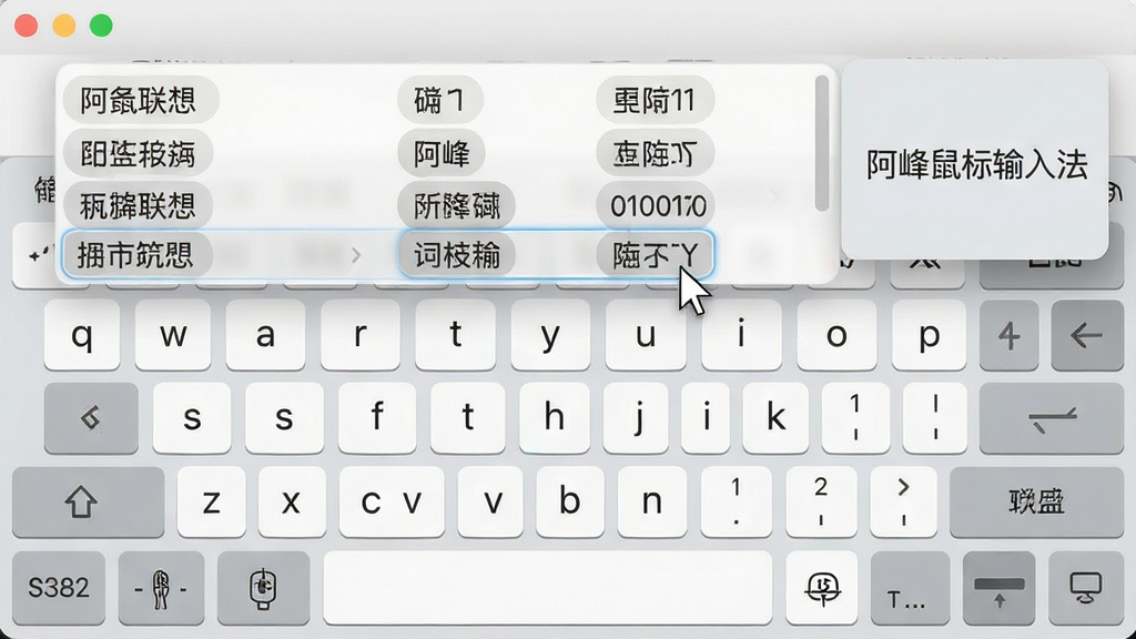 一张展示阿峰鼠标输入法智能联想功能的高清界面图,主体为虚拟键盘上方弹出的中文候选词列表,布局为横向排列的多个词语选项,排版上“阿峰鼠标输入法”标识位于候选栏右侧,风格为简约现代的浅灰配色,细节包括鼠标指针悬停在候选词上的高亮状态,画质清晰,画面干净,无多余元素