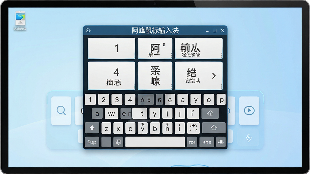 一张展示阿峰鼠标输入法软件界面的高清预览图,主体为屏幕中央悬浮的虚拟键盘面板,布局为简洁的九宫格与全键盘切换样式,屏幕背景为干净的浅蓝色渐变桌面,排版上软件名称“阿峰鼠标输入法”位于面板顶部,风格为现代扁平化科技感,细节包括清晰的按键字母与中文候选词条,画质清晰,画面干净,无多余元素