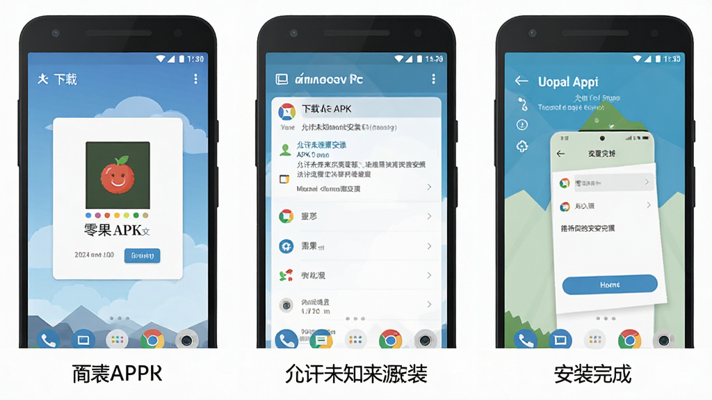 一张展示安卓手机安装“零果”应用过程的步骤示意图,画面分为三个并列的手机屏幕,分别显示下载APK文件、允许未知来源安装、安装完成打开应用的界面,每个屏幕下方配有简短说明文字,整体风格扁平化,配色清爽,画质干净,无多余元素