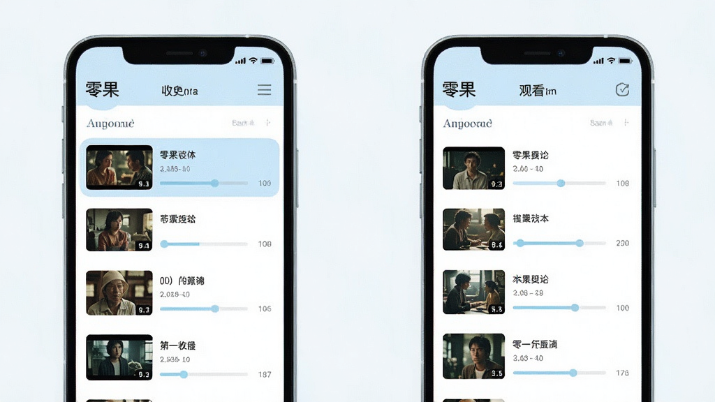 一张以“零果”收藏与历史功能为主题的界面示意图,画面展示手机屏幕中收藏夹列表与观看历史记录,每条记录带有影片缩略图、名称和进度条,界面配色以白色和浅蓝色为主,布局清晰,风格简约,画质干净,无多余元素